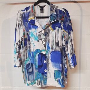 Ali Miles Woven Abstract Print Wire Collar 3/4 Sleeve Button Front Tunic Women L